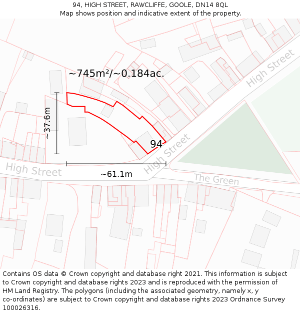 94, HIGH STREET, RAWCLIFFE, GOOLE, DN14 8QL: Plot and title map