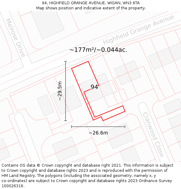 94, HIGHFIELD GRANGE AVENUE, WIGAN, WN3 6TA: Plot and title map
