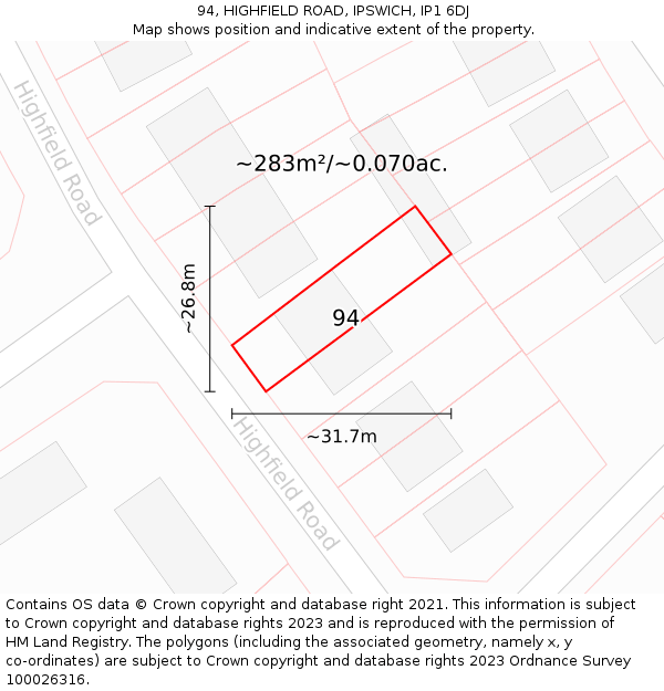 94, HIGHFIELD ROAD, IPSWICH, IP1 6DJ: Plot and title map