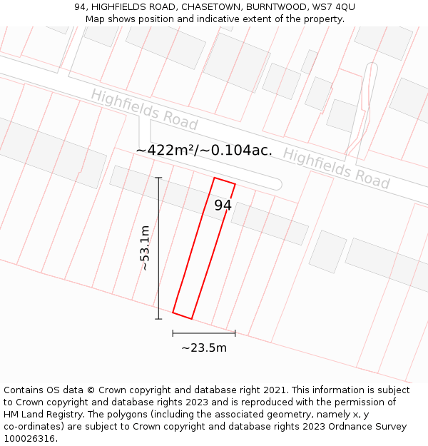 94, HIGHFIELDS ROAD, CHASETOWN, BURNTWOOD, WS7 4QU: Plot and title map