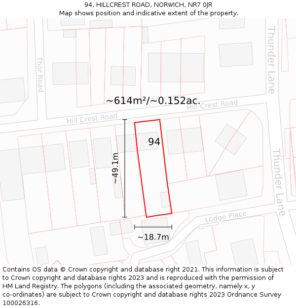 94, HILLCREST ROAD, NORWICH, NR7 0JR: Plot and title map