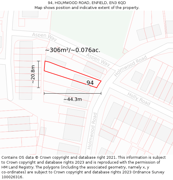 94, HOLMWOOD ROAD, ENFIELD, EN3 6QD: Plot and title map