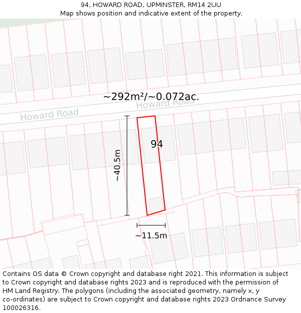 94, HOWARD ROAD, UPMINSTER, RM14 2UU: Plot and title map