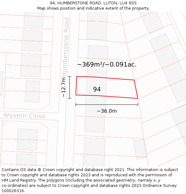 94, HUMBERSTONE ROAD, LUTON, LU4 9SS: Plot and title map