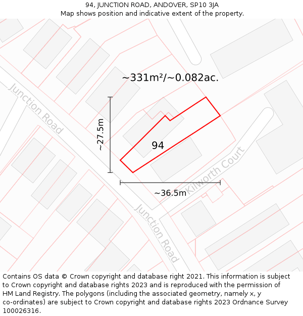 94, JUNCTION ROAD, ANDOVER, SP10 3JA: Plot and title map