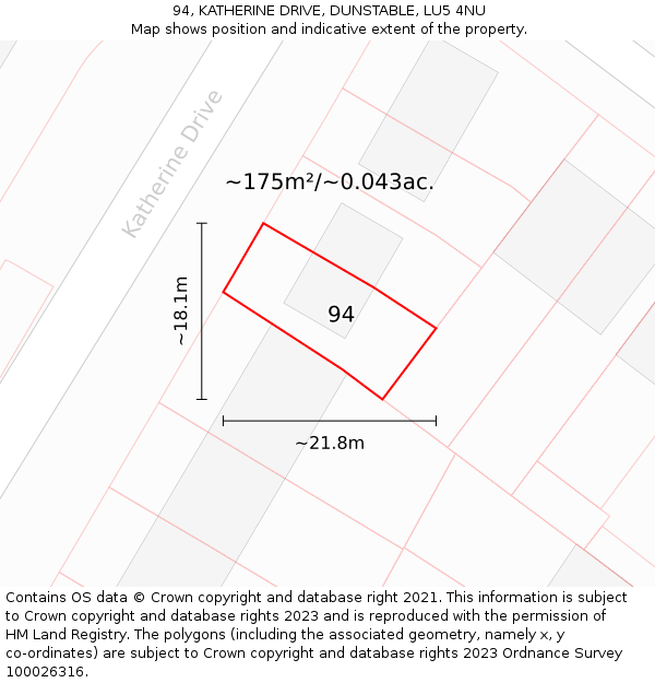 94, KATHERINE DRIVE, DUNSTABLE, LU5 4NU: Plot and title map