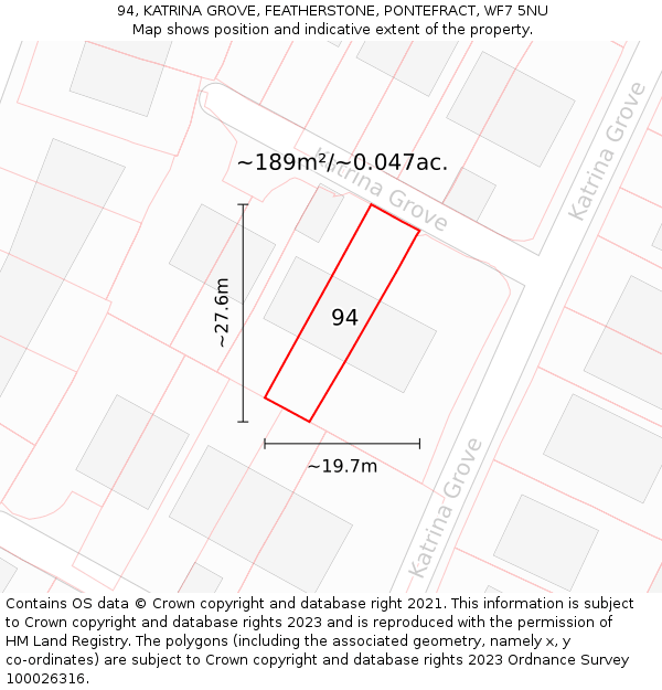 94, KATRINA GROVE, FEATHERSTONE, PONTEFRACT, WF7 5NU: Plot and title map