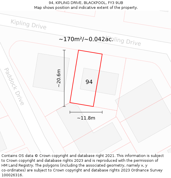 94, KIPLING DRIVE, BLACKPOOL, FY3 9UB: Plot and title map