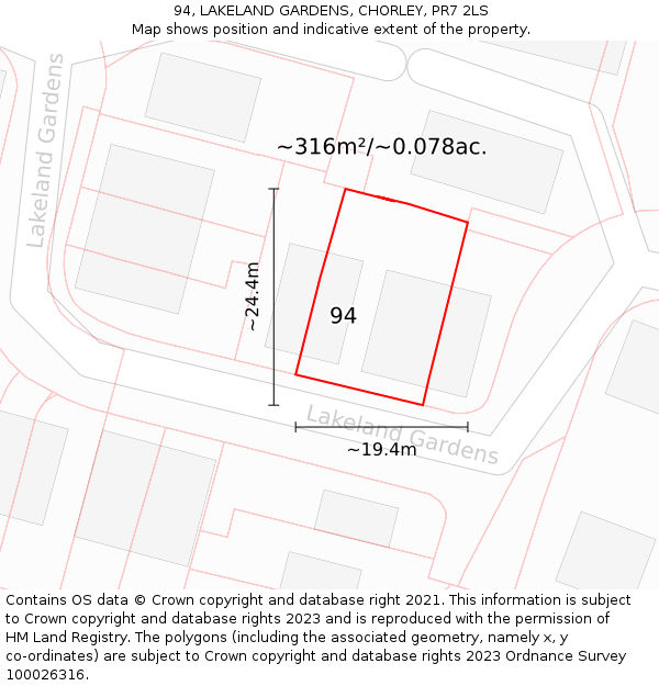 94, LAKELAND GARDENS, CHORLEY, PR7 2LS: Plot and title map