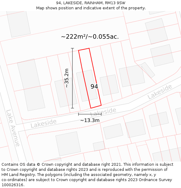 94, LAKESIDE, RAINHAM, RM13 9SW: Plot and title map