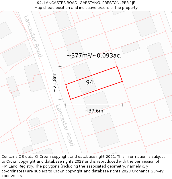 94, LANCASTER ROAD, GARSTANG, PRESTON, PR3 1JB: Plot and title map