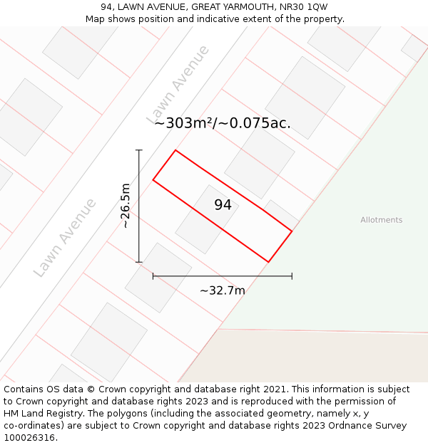94, LAWN AVENUE, GREAT YARMOUTH, NR30 1QW: Plot and title map