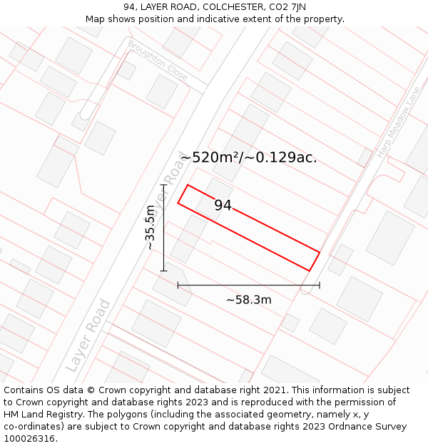 94, LAYER ROAD, COLCHESTER, CO2 7JN: Plot and title map