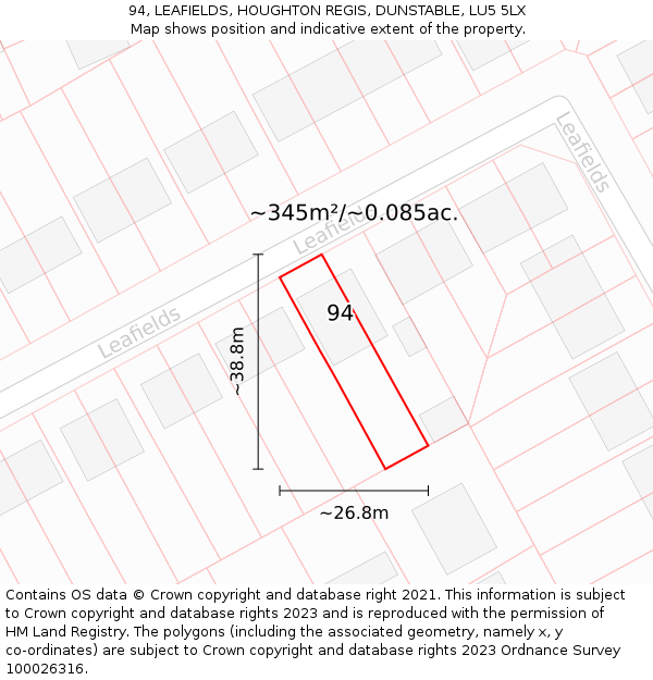 94, LEAFIELDS, HOUGHTON REGIS, DUNSTABLE, LU5 5LX: Plot and title map