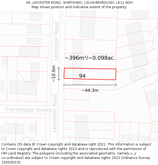 94, LEICESTER ROAD, SHEPSHED, LOUGHBOROUGH, LE12 9DH: Plot and title map