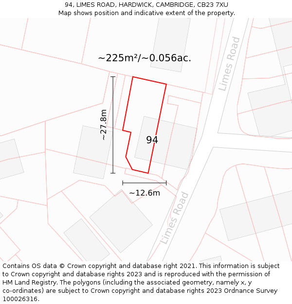 94, LIMES ROAD, HARDWICK, CAMBRIDGE, CB23 7XU: Plot and title map