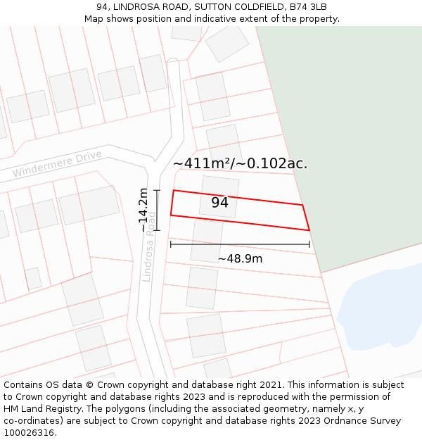 94, LINDROSA ROAD, SUTTON COLDFIELD, B74 3LB: Plot and title map