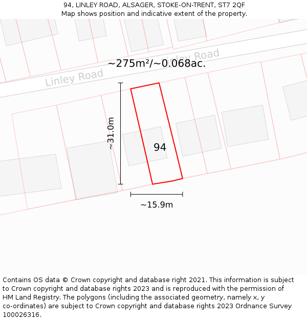 94, LINLEY ROAD, ALSAGER, STOKE-ON-TRENT, ST7 2QF: Plot and title map