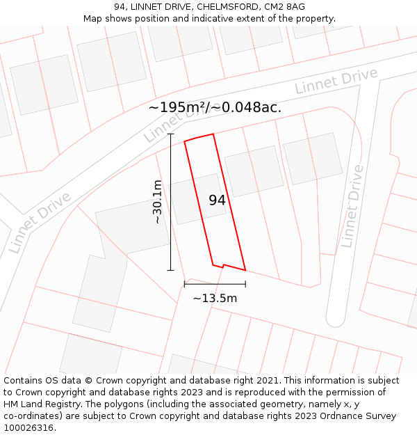 94, LINNET DRIVE, CHELMSFORD, CM2 8AG: Plot and title map