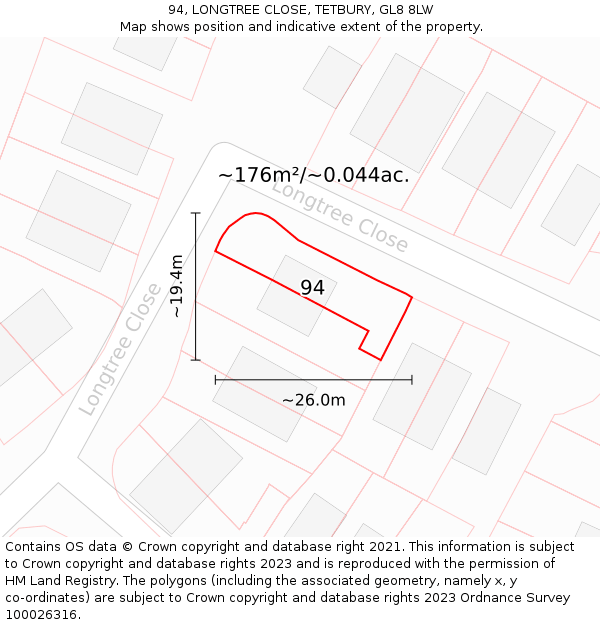 94, LONGTREE CLOSE, TETBURY, GL8 8LW: Plot and title map