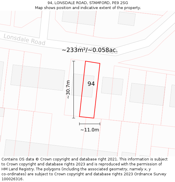 94, LONSDALE ROAD, STAMFORD, PE9 2SG: Plot and title map