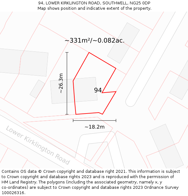 94, LOWER KIRKLINGTON ROAD, SOUTHWELL, NG25 0DP: Plot and title map