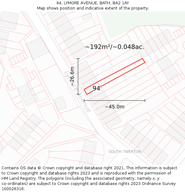94, LYMORE AVENUE, BATH, BA2 1AY: Plot and title map