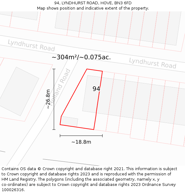94, LYNDHURST ROAD, HOVE, BN3 6FD: Plot and title map