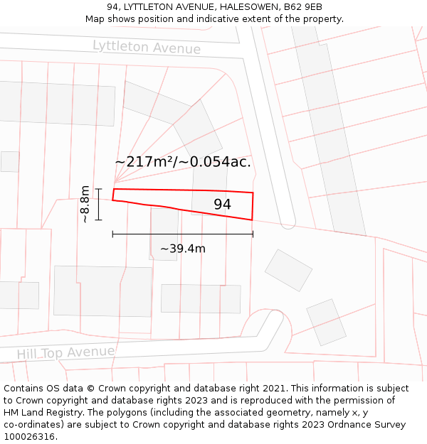 94, LYTTLETON AVENUE, HALESOWEN, B62 9EB: Plot and title map
