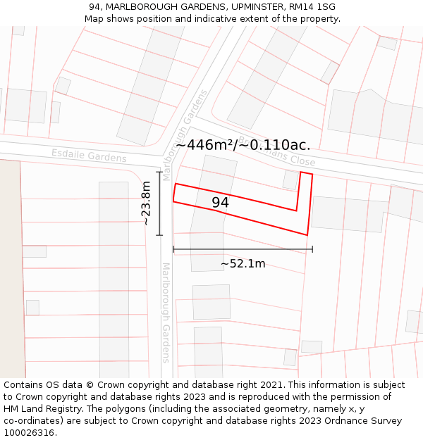 94, MARLBOROUGH GARDENS, UPMINSTER, RM14 1SG: Plot and title map