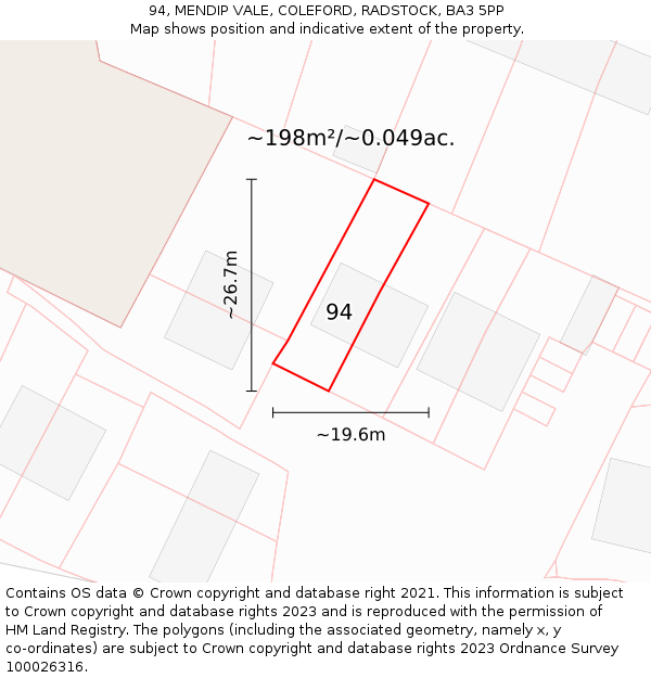 94, MENDIP VALE, COLEFORD, RADSTOCK, BA3 5PP: Plot and title map