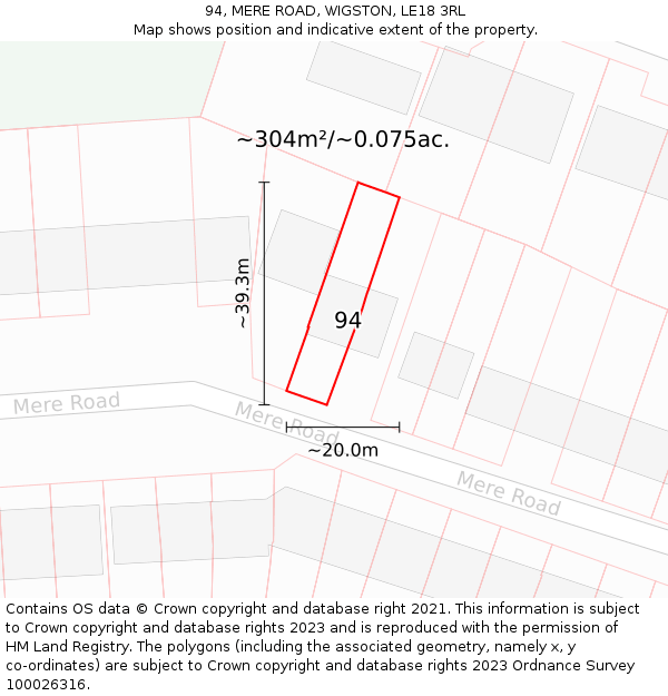 94, MERE ROAD, WIGSTON, LE18 3RL: Plot and title map