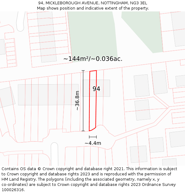 94, MICKLEBOROUGH AVENUE, NOTTINGHAM, NG3 3EL: Plot and title map