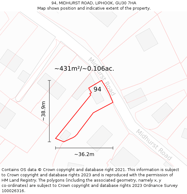 94, MIDHURST ROAD, LIPHOOK, GU30 7HA: Plot and title map
