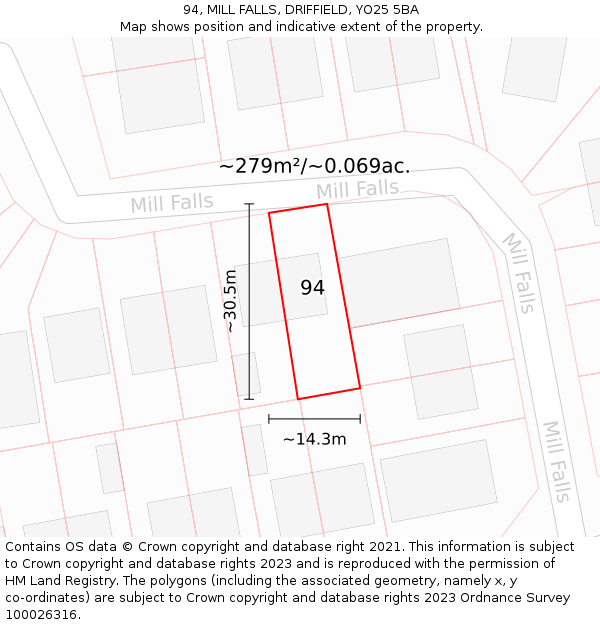 94, MILL FALLS, DRIFFIELD, YO25 5BA: Plot and title map