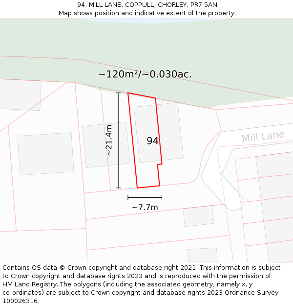 94, MILL LANE, COPPULL, CHORLEY, PR7 5AN: Plot and title map