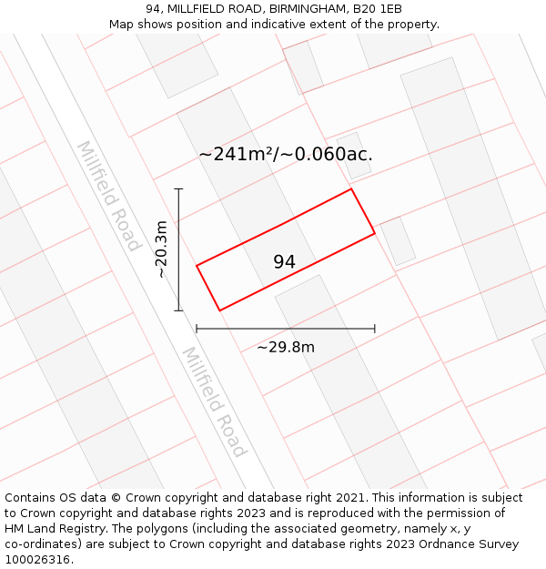 94, MILLFIELD ROAD, BIRMINGHAM, B20 1EB: Plot and title map