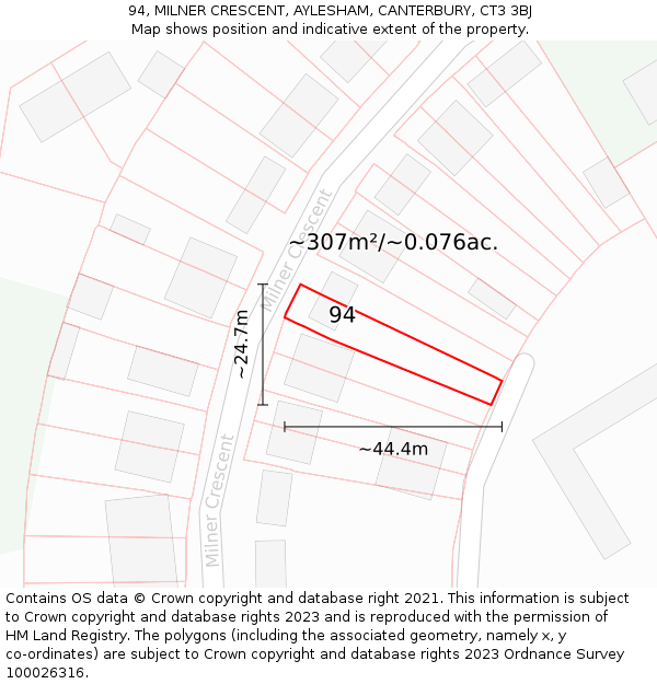 94, MILNER CRESCENT, AYLESHAM, CANTERBURY, CT3 3BJ: Plot and title map