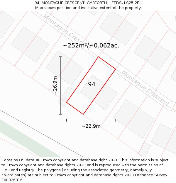 94, MONTAGUE CRESCENT, GARFORTH, LEEDS, LS25 2EH: Plot and title map