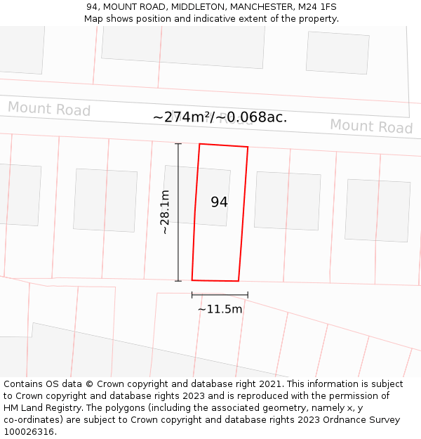 94, MOUNT ROAD, MIDDLETON, MANCHESTER, M24 1FS: Plot and title map