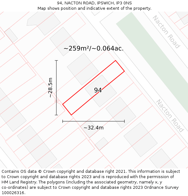 94, NACTON ROAD, IPSWICH, IP3 0NS: Plot and title map