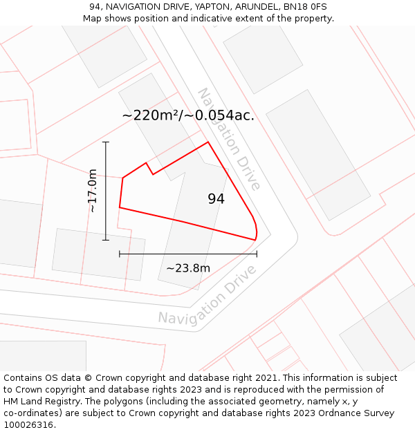 94, NAVIGATION DRIVE, YAPTON, ARUNDEL, BN18 0FS: Plot and title map