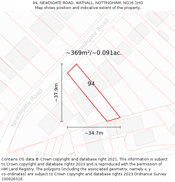 94, NEWDIGATE ROAD, WATNALL, NOTTINGHAM, NG16 1HG: Plot and title map
