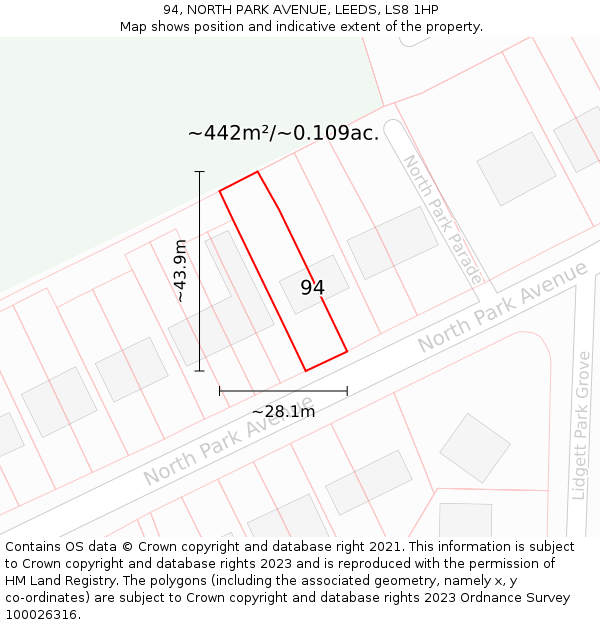 94, NORTH PARK AVENUE, LEEDS, LS8 1HP: Plot and title map
