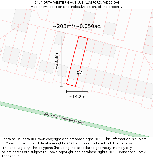 94, NORTH WESTERN AVENUE, WATFORD, WD25 0AJ: Plot and title map