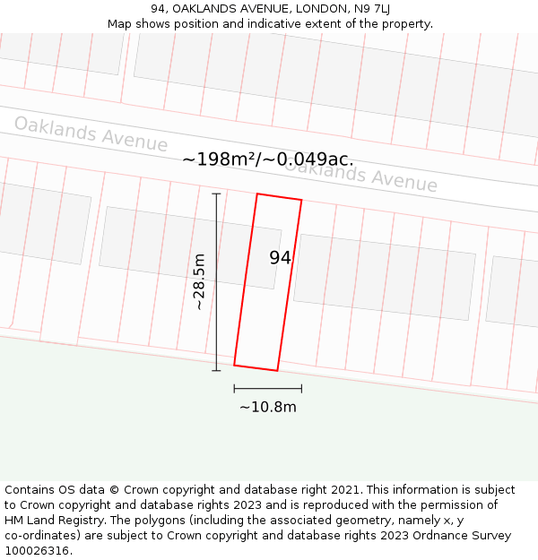 94, OAKLANDS AVENUE, LONDON, N9 7LJ: Plot and title map