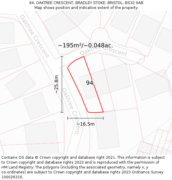 94, OAKTREE CRESCENT, BRADLEY STOKE, BRISTOL, BS32 9AB: Plot and title map