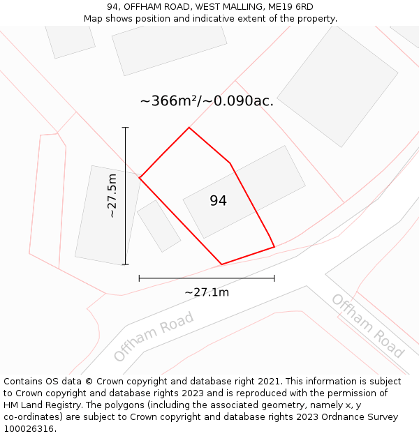 94, OFFHAM ROAD, WEST MALLING, ME19 6RD: Plot and title map