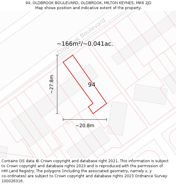94, OLDBROOK BOULEVARD, OLDBROOK, MILTON KEYNES, MK6 2JD: Plot and title map