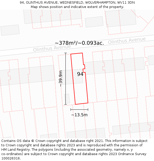 94, OLINTHUS AVENUE, WEDNESFIELD, WOLVERHAMPTON, WV11 3DN: Plot and title map